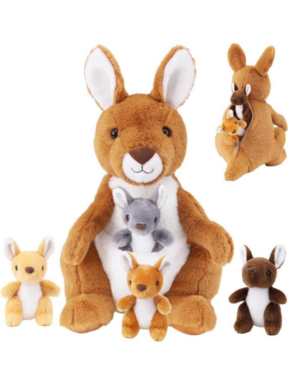 Soft 16" Mommy Kangaroo Plush Toy with 4 Baby Stuffed Animals - Perfect Gift!